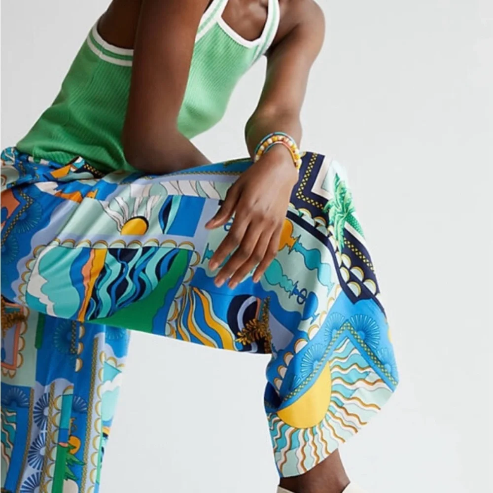 Anthropologie Blue Green Yellow Patchwork Wide-Leg Pants - Picture 3 of 13